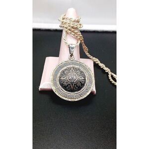 Vintage Sterling 925 Aztec Mayan Calendar Domed Pendant Necklace Silver/Gold